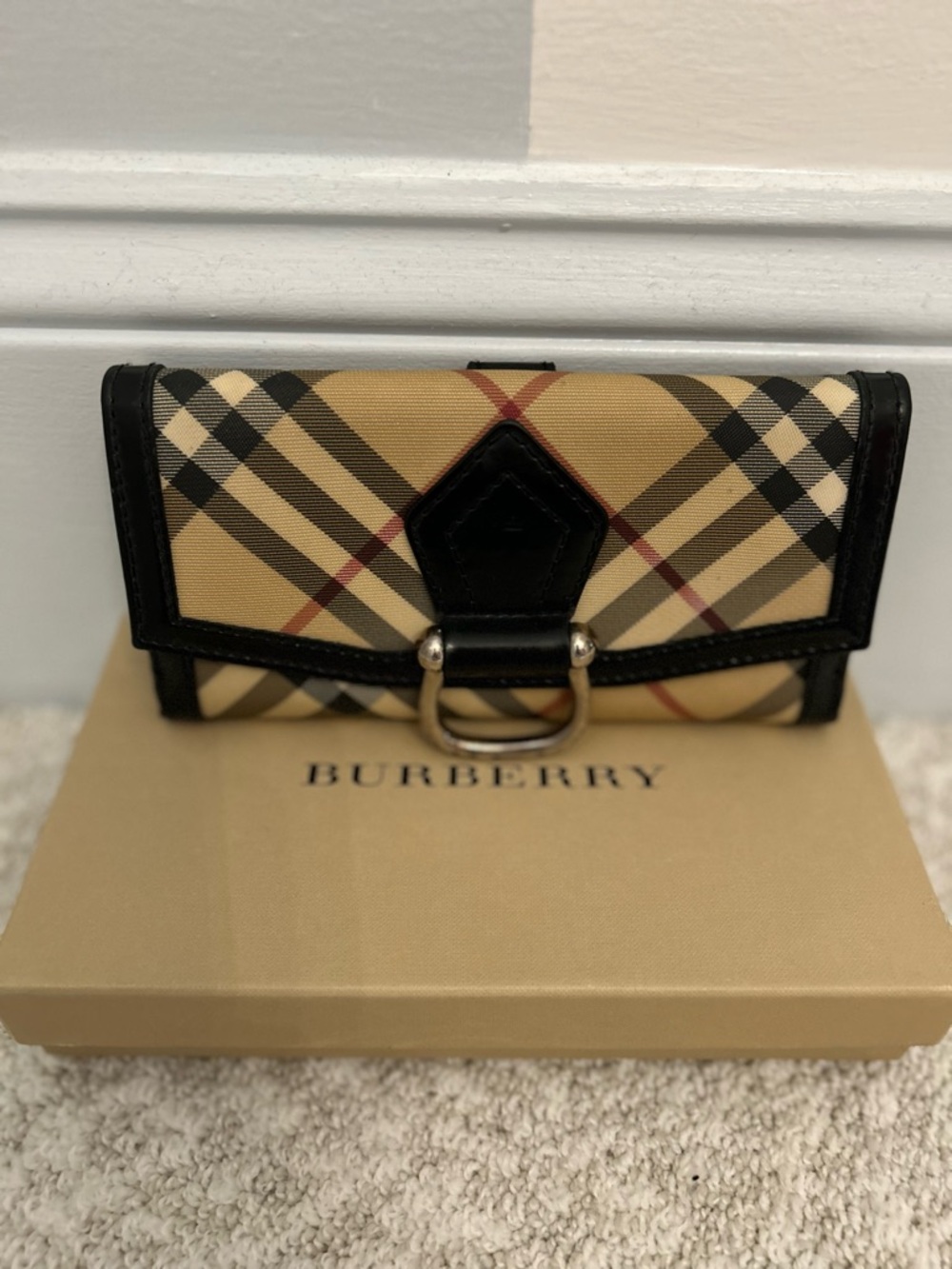Burberry Nova Check Wallet with Black Patent Leather Trim
